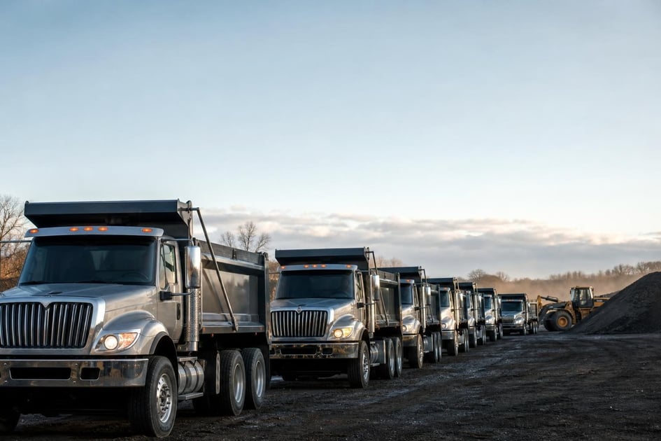 Dump trucks at a commercial worksite, illustrating dump trucks financing cost: what to expect