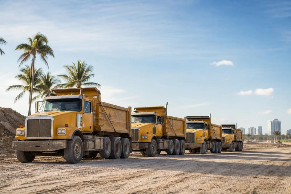 Dump trucks at a commercial worksite, illustrating dump trucks financing in florida