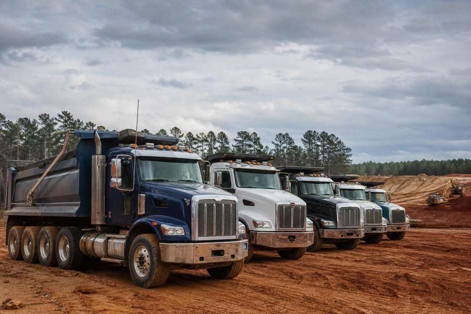 Dump trucks at a commercial worksite, illustrating dump trucks financing in georgia