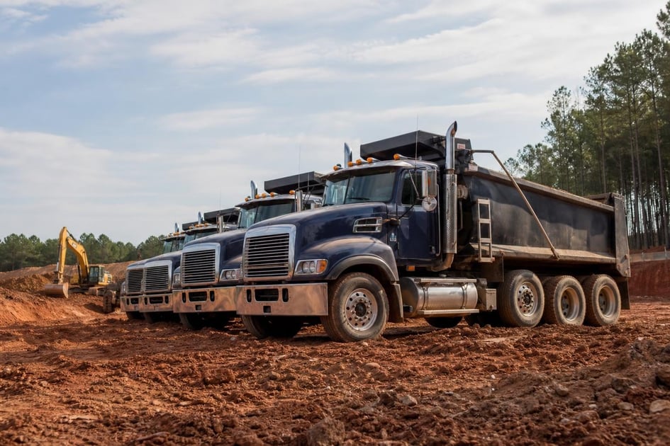 Dump trucks at a commercial worksite, illustrating dump trucks financing in north carolina