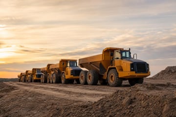Dump trucks at a commercial worksite, illustrating dump trucks financing in texas
