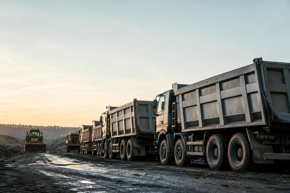 Dump trucks at a commercial worksite, illustrating dump trucks financing qualify for: what to expect