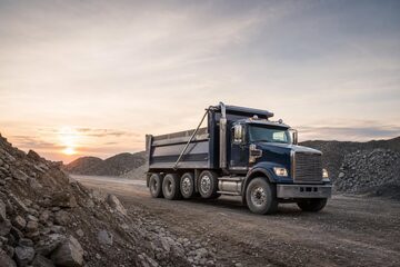 Used dump trucks at a commercial worksite, illustrating dump trucks financing used: what to expect