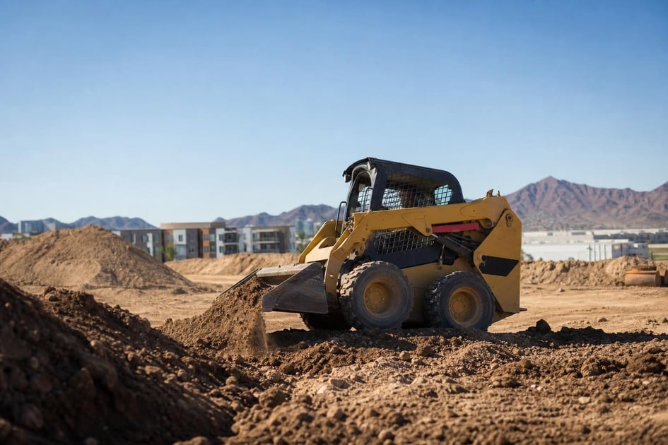 Skid steer on desert construction site at a commercial worksite, illustrating equipment financing in arizona: rates, terms and how to qualify