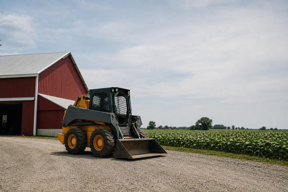 Skid steer on an illinois farm at a commercial worksite, illustrating equipment financing in illinois: rates, terms and how to qualify
