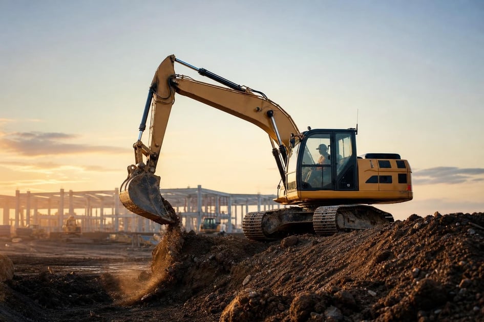 Used excavator at a commercial worksite, illustrating excavators financing used: what to expect