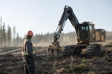Feller buncher at a commercial worksite, illustrating forestry logging equipment financing cost