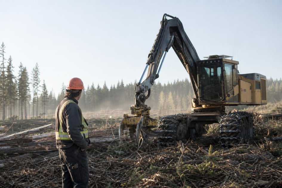 Feller buncher at a commercial worksite, illustrating forestry logging equipment financing cost