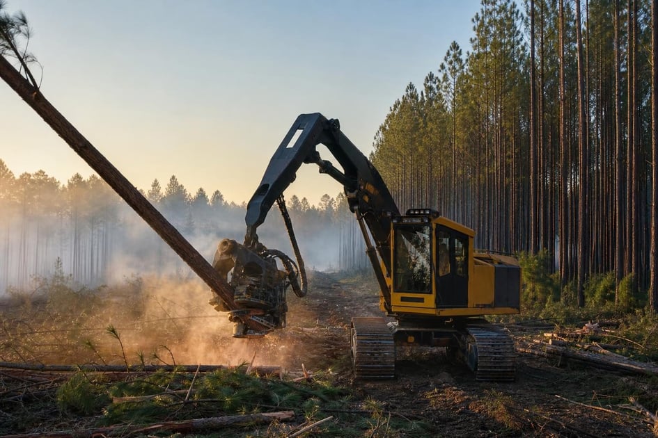 Tracked forestry harvester at a commercial worksite, illustrating forestry logging equipment financing: how to get funded
