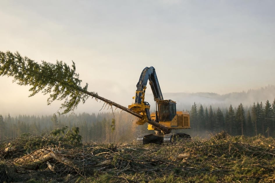 Feller buncher at a commercial worksite, illustrating forestry logging equipment financing requirements