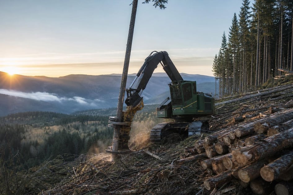 Feller buncher at a commercial worksite, illustrating forestry logging equipment financing terms