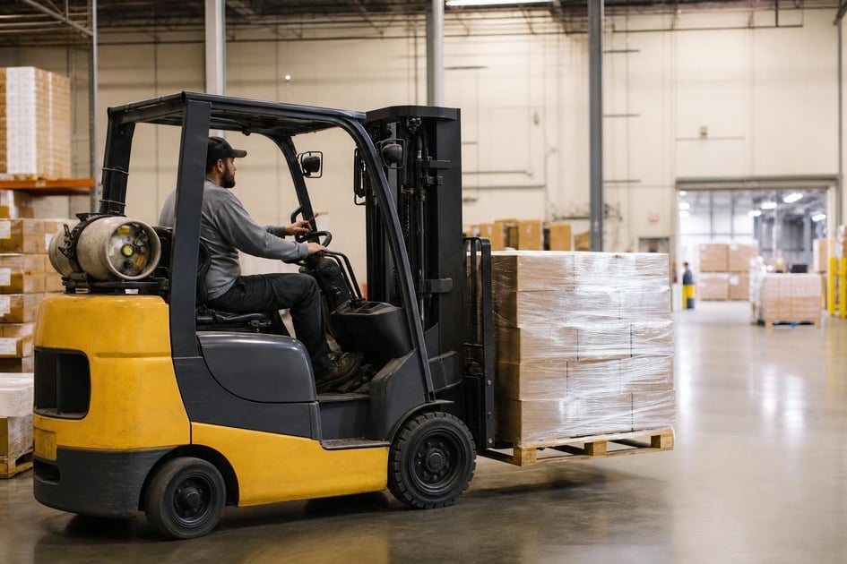 Forklift at a commercial worksite, illustrating forklifts financing bad credit: what to expect