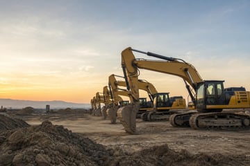 Excavators at a commercial worksite, illustrating heavy equipment financing: complete guide