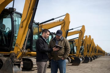 Construction equipment dealership at a commercial worksite, illustrating increasing dealer close rate with financing