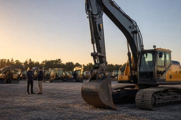 Excavator on a dealership lot at a commercial worksite, illustrating private label financing for equipment dealers