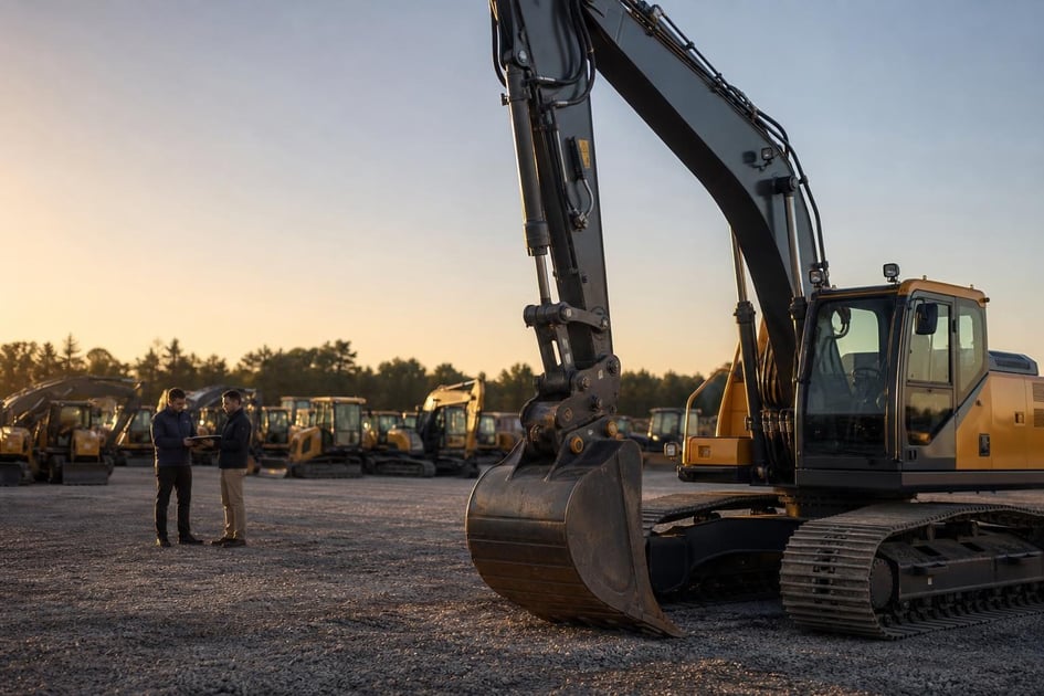 Excavator on a dealership lot at a commercial worksite, illustrating private label financing for equipment dealers