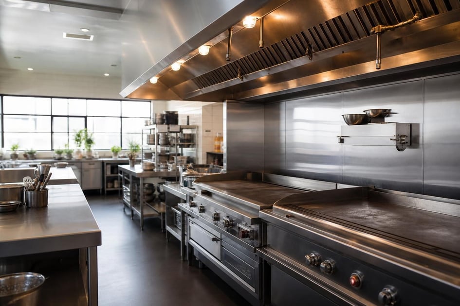 Commercial kitchen equipment at a commercial worksite, illustrating restaurant food service equipment financing bad credit