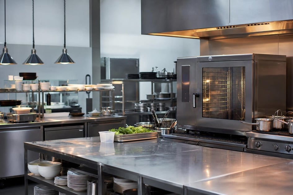 Commercial kitchen equipment at a commercial worksite, illustrating restaurant food service equipment financing calculator