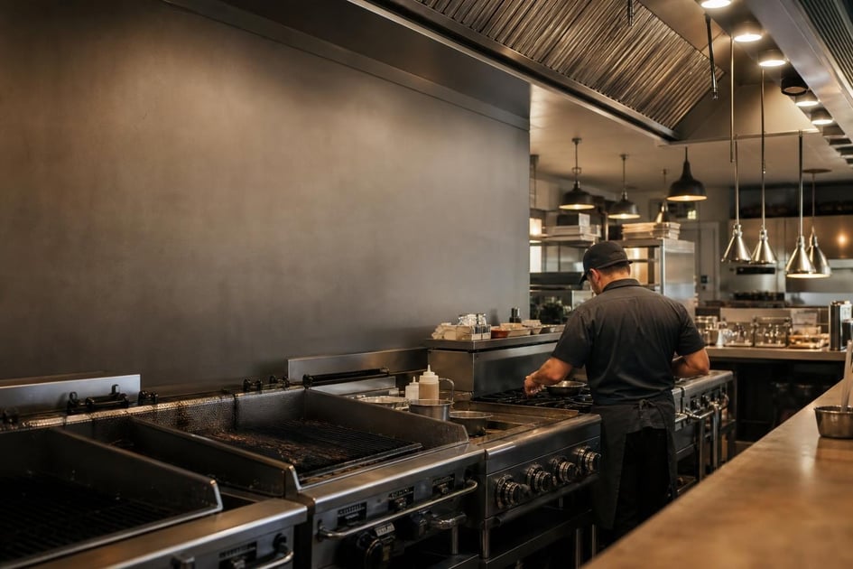 Commercial kitchen equipment at a commercial worksite, illustrating restaurant food service equipment financing cost