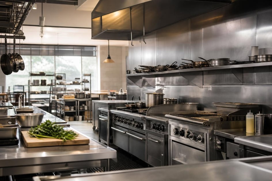 Commercial kitchen equipment at a commercial worksite, illustrating restaurant food service equipment financing: how to get funded