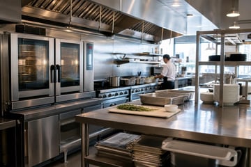 Commercial kitchen equipment at a commercial worksite, illustrating restaurant food service equipment financing no money down