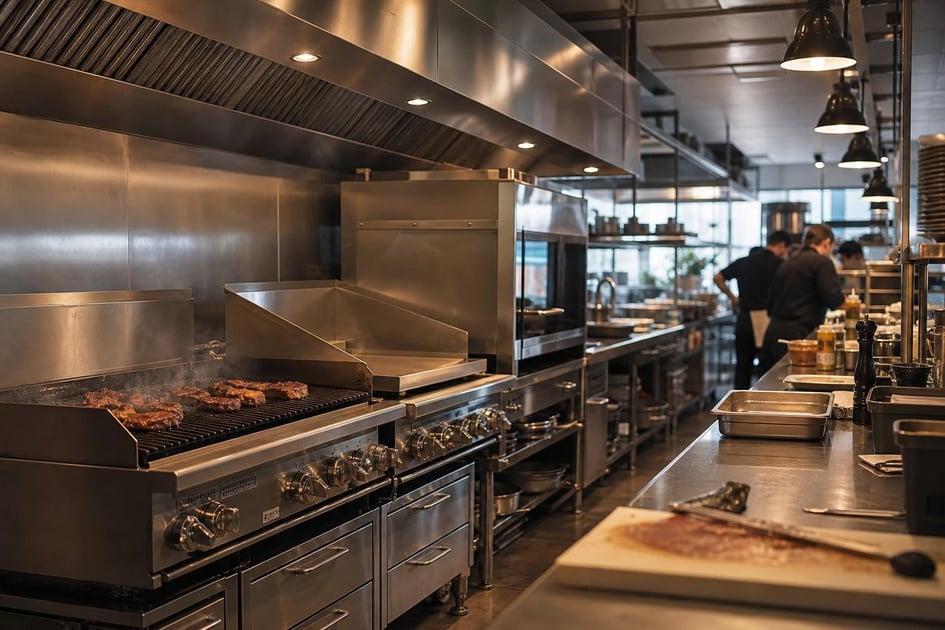 Commercial kitchen line at a commercial worksite, illustrating restaurant food service equipment financing rates