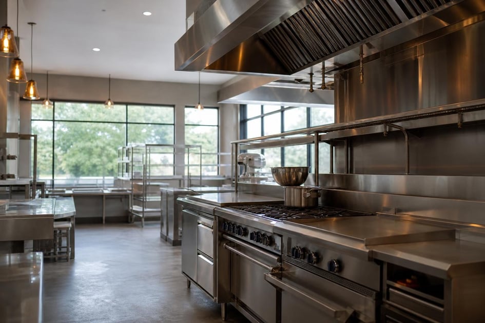 Commercial kitchen equipment at a commercial worksite, illustrating restaurant food service equipment financing startup business