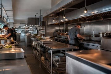 Commercial kitchen line at a commercial worksite, illustrating restaurant food service equipment financing terms