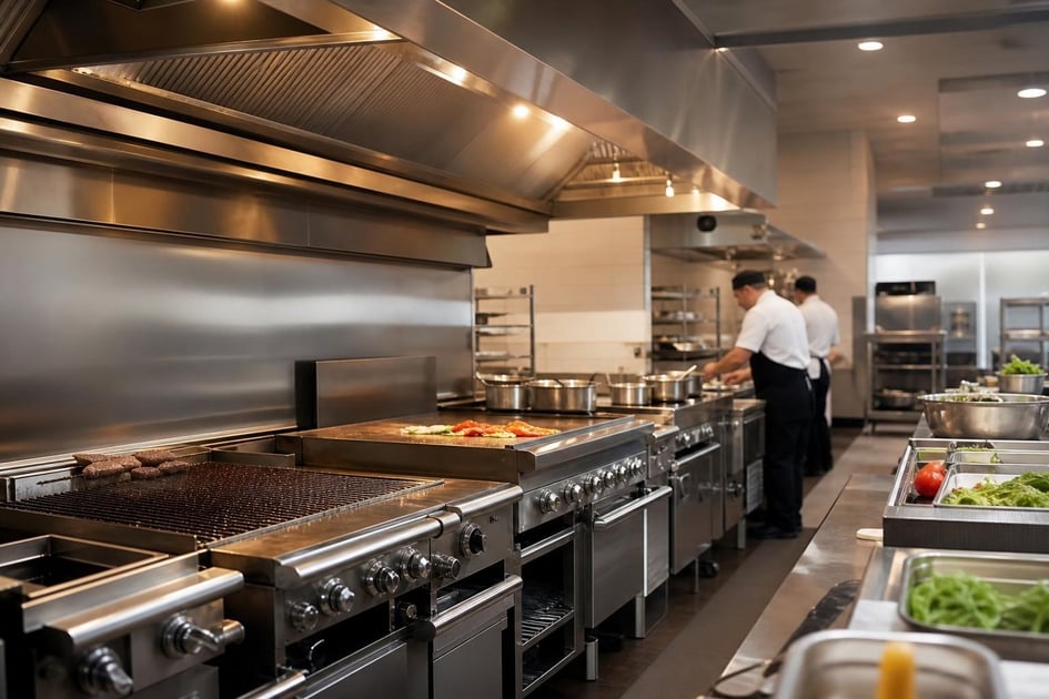 Commercial kitchen equipment at a commercial worksite, illustrating restaurant food service equipment financing with no down payment