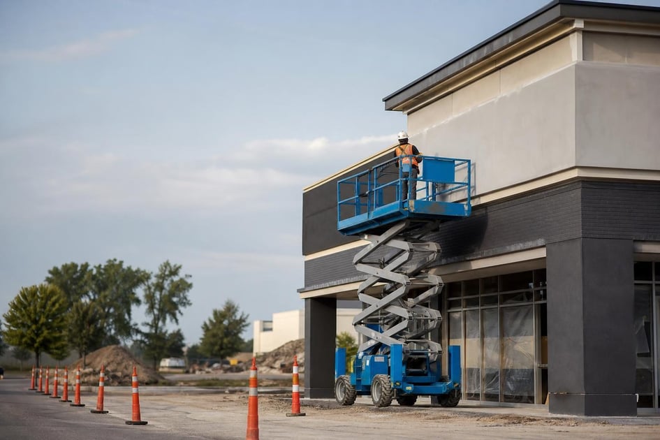 Electric scissor lift at a commercial worksite, illustrating scissor lifts financing bad credit: what to expect