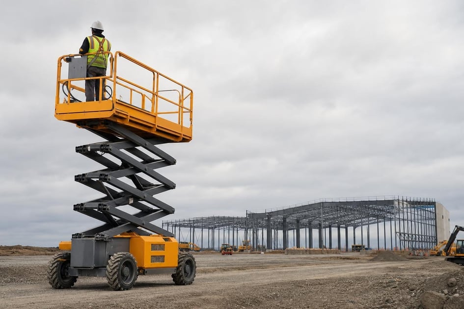 Scissor lift at a commercial worksite, illustrating scissor lifts financing in ohio
