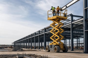 Scissor lift at a commercial worksite, illustrating scissor lifts financing in texas