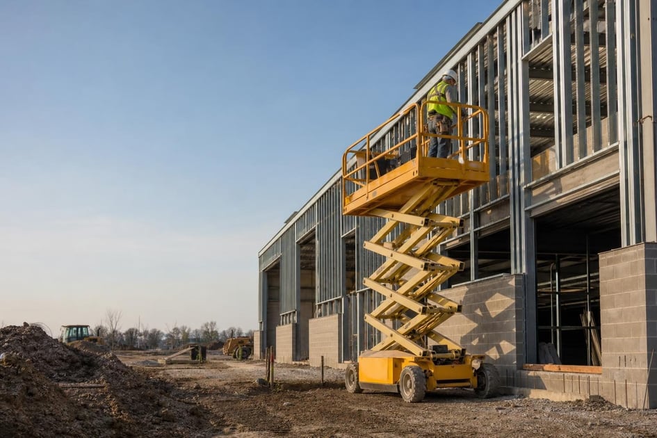 Scissor lift at a commercial worksite, illustrating scissor lifts financing rates: what to expect