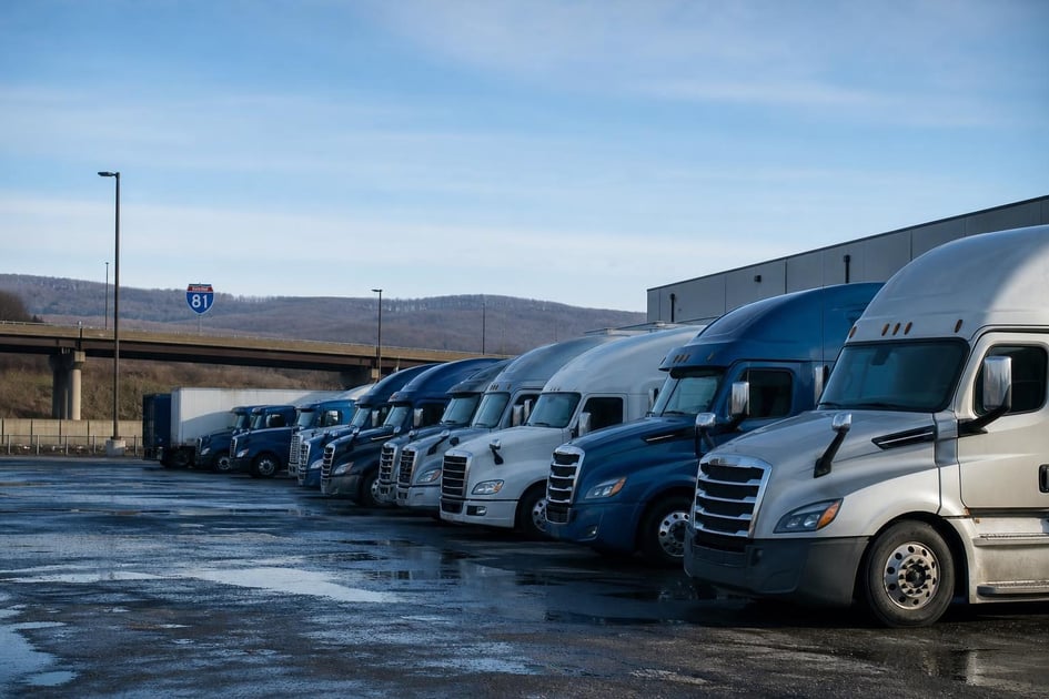 Semi trucks at a commercial worksite, illustrating semi trucks financing in pennsylvania