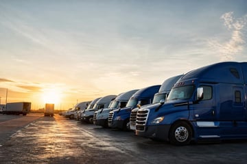 Semi trucks at a commercial worksite, illustrating semi trucks financing rates: what to expect