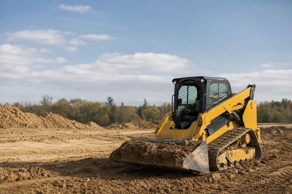 Skid steer loader at a commercial worksite, illustrating skid steers financing cost: what to expect