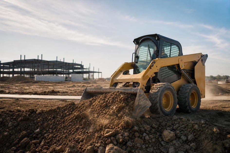 Skid steer at a commercial worksite, illustrating skid steers financing how to get: what to expect