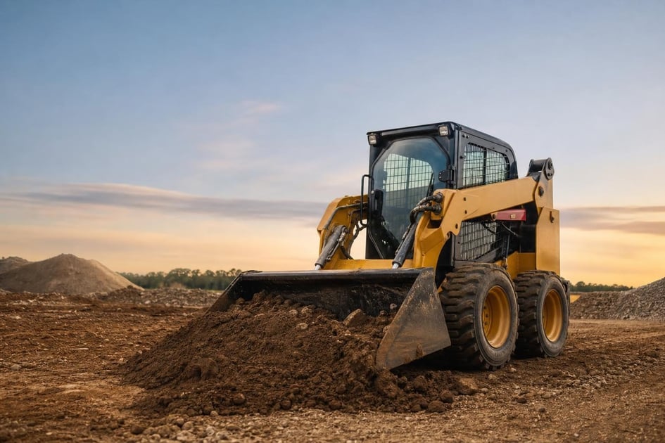 Skid steer loader at a commercial worksite, illustrating skid steers financing no money down: what to expect