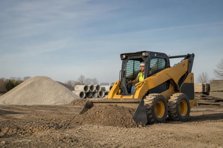 Skid steer loader at a commercial worksite, illustrating skid steers financing requirements: what to expect