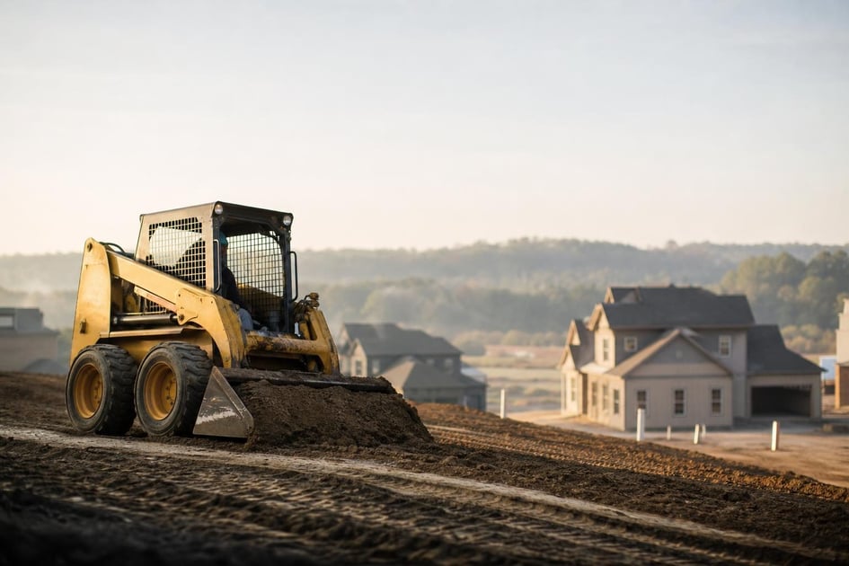 Skid steer loader at a commercial worksite, illustrating skid steers financing startup business: what to expect
