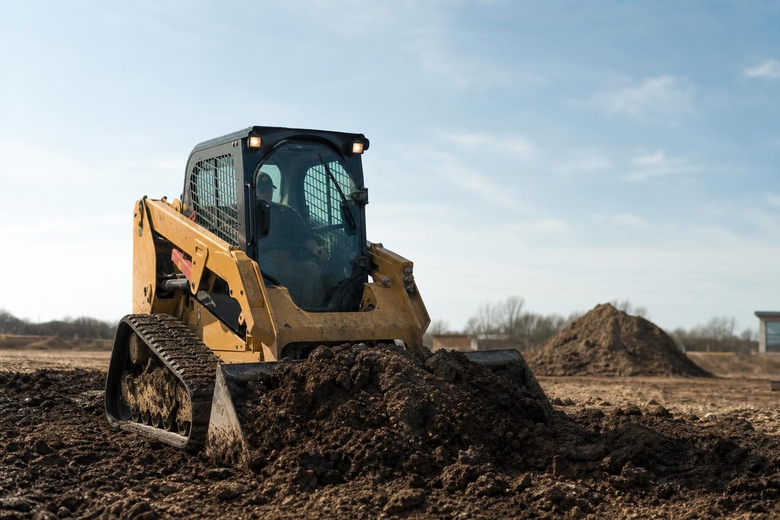Used skid steer at a commercial worksite, illustrating skid steers financing used: what to expect