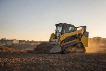 Skid steer loader at a commercial worksite, illustrating skid steers financing with no down payment: what to expect