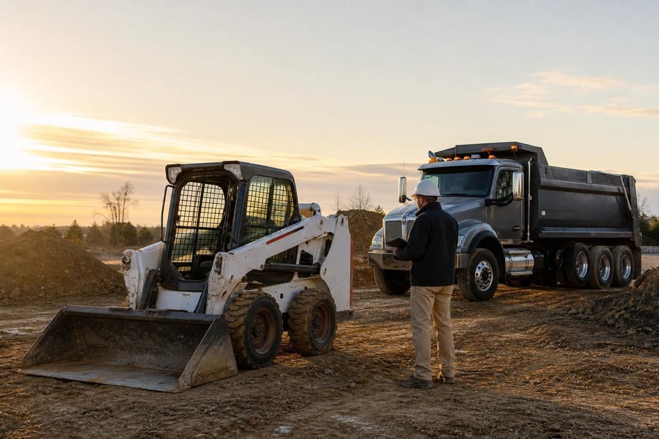 Commercial equipment lineup at a commercial worksite, illustrating startup business equipment loans: complete guide