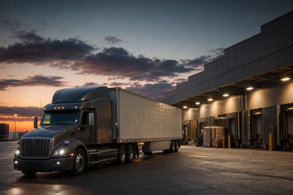 Semi-truck at a commercial worksite, illustrating transportation equipment financing rates