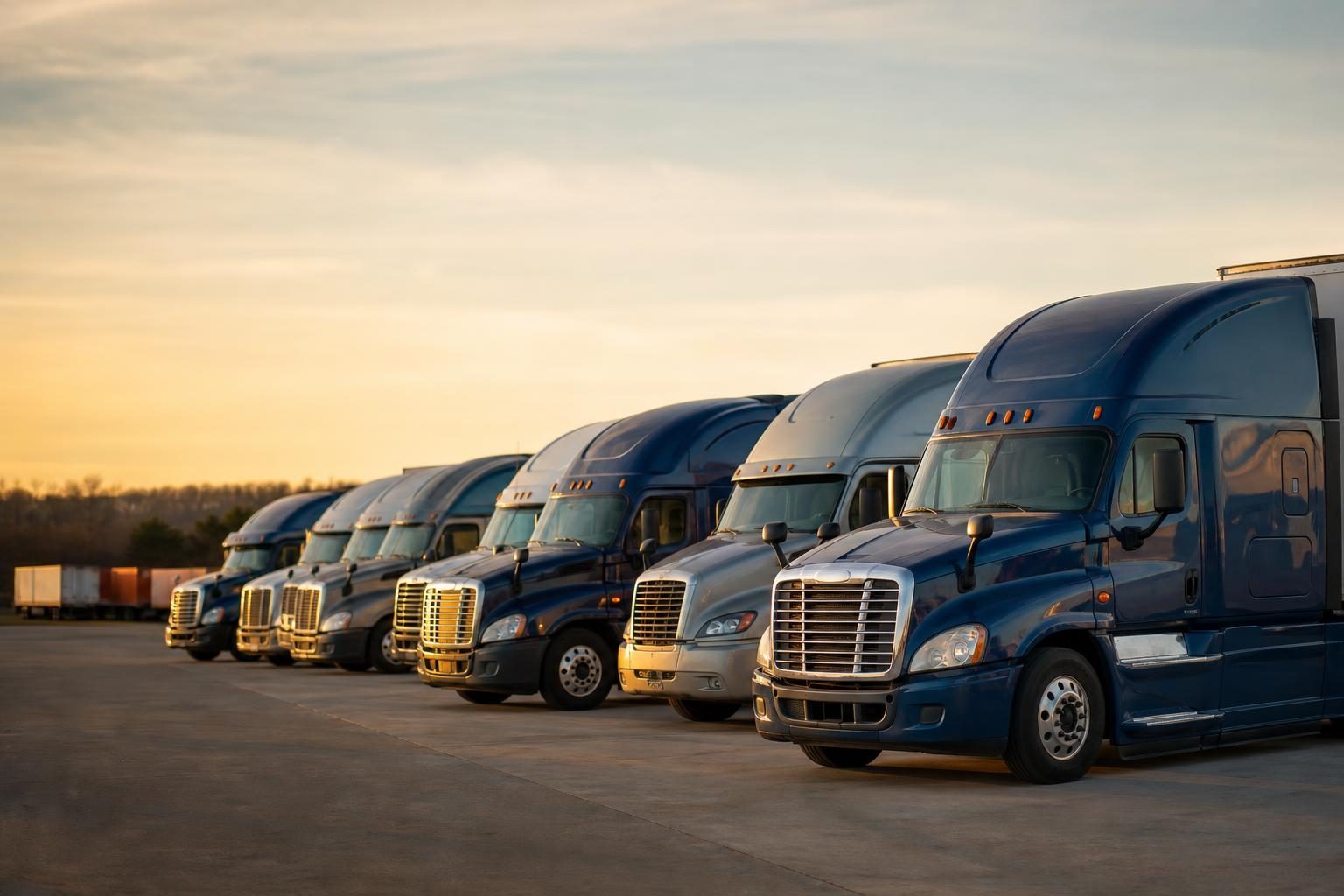Semi-trucks at a commercial worksite, illustrating transportation equipment financing terms