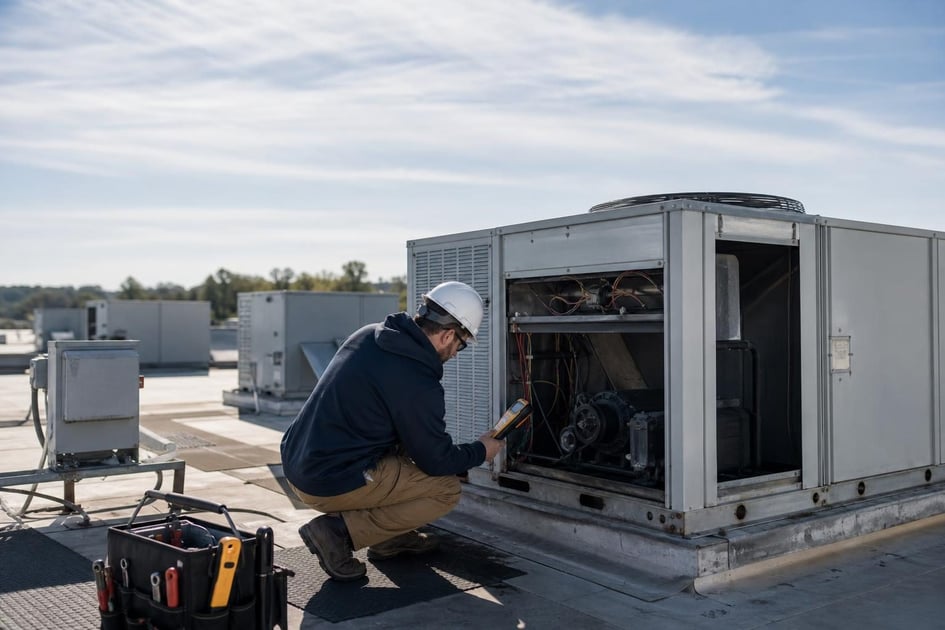 Used commercial hvac rooftop unit at a commercial worksite, illustrating used hvac equipment financing: what contractors need to know