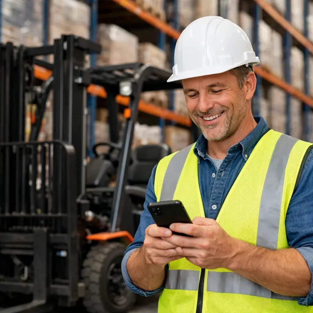 Warehouse manager checking equipment financing on his phone next to a forklift