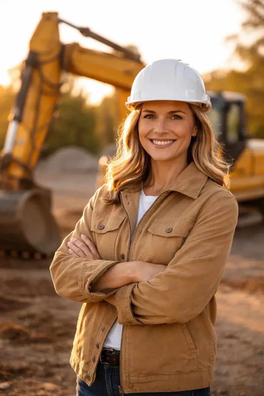 Construction business owner standing confidently in front of an excavator on a job site