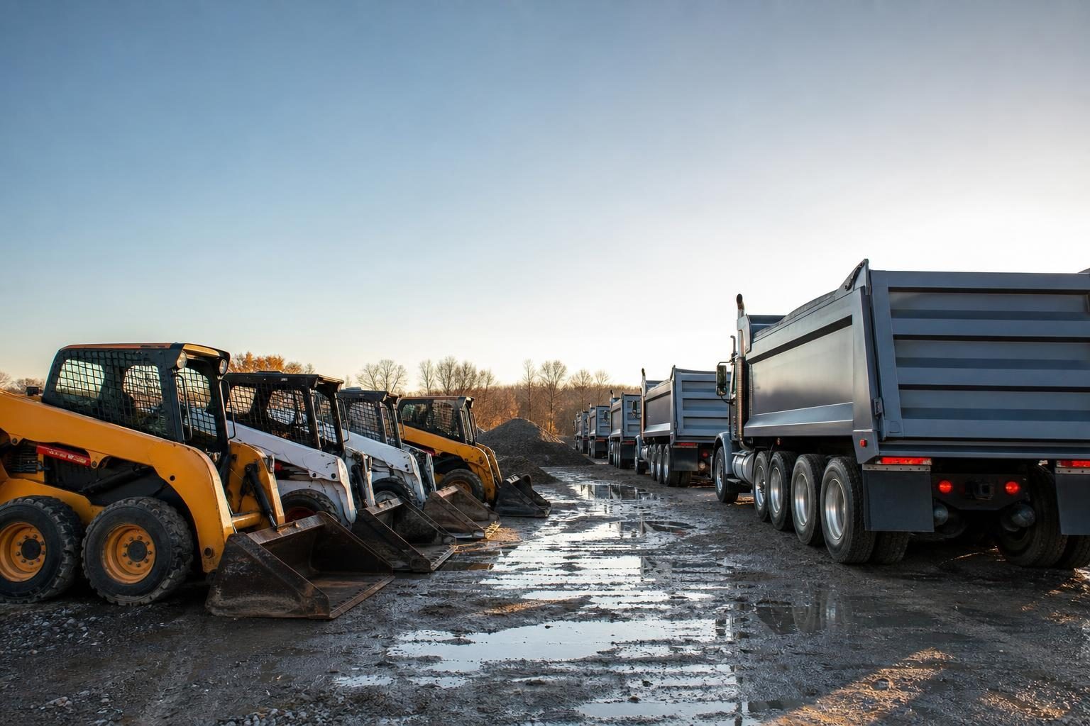 Heavy equipment fleet at a commercial worksite, illustrating $1 buyout lease vs fmv lease: which is right for your business?