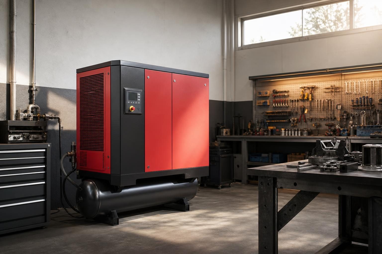 Rotary screw air compressor at a commercial worksite, illustrating air compressor financing no money down: what to expect